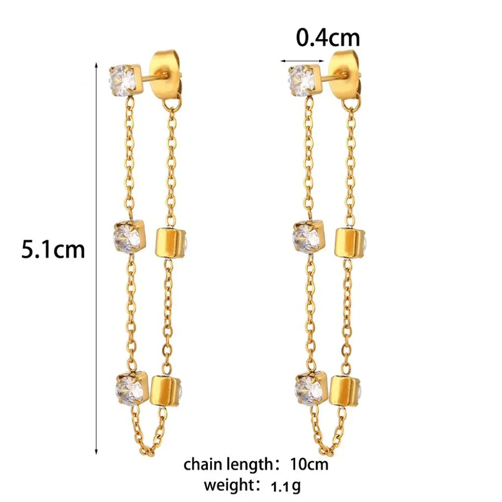 18K Gold Plated Chic Geometric Zircon Chain Drop Earrings Stainless Steel - Picture 7 of 9